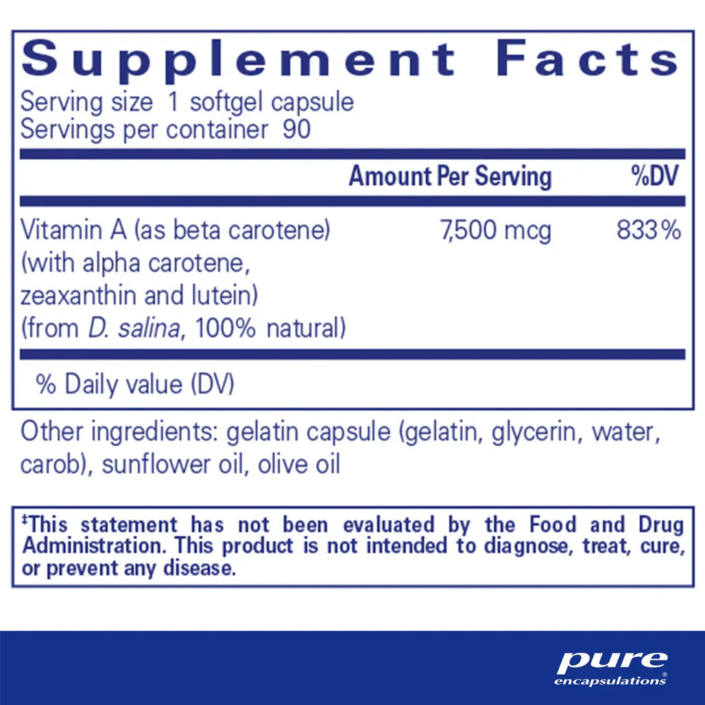Pure Encapsulations Beta Carotene 25000 IU supplements facts