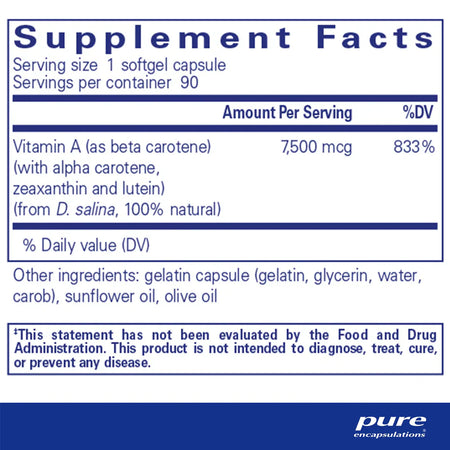 Pure Encapsulations Beta Carotene 25000 IU supplements facts