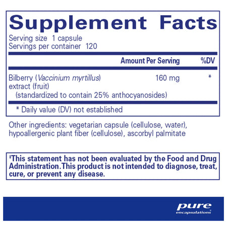 Pure Encapsulations Bilberry 160 mg supplements facts