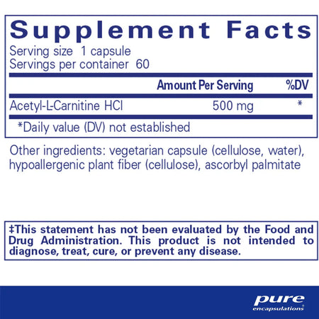 Pure Encapsulations Acetyl-L-Carnitine 500 mg supplements facts