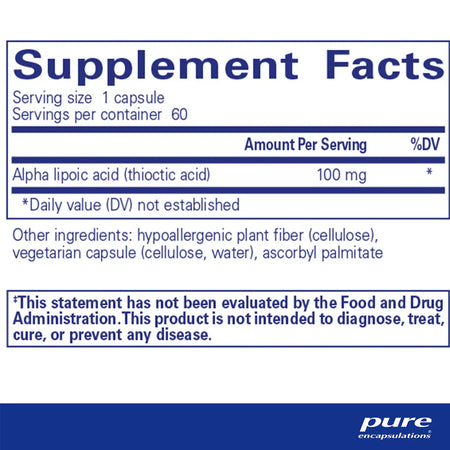 Pure Encapsulations Alpha Lipoic Acid 100 mg supplements ingredients