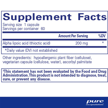 Pure Encapsulations Alpha Lipoic Acid 200 mg supplements facts