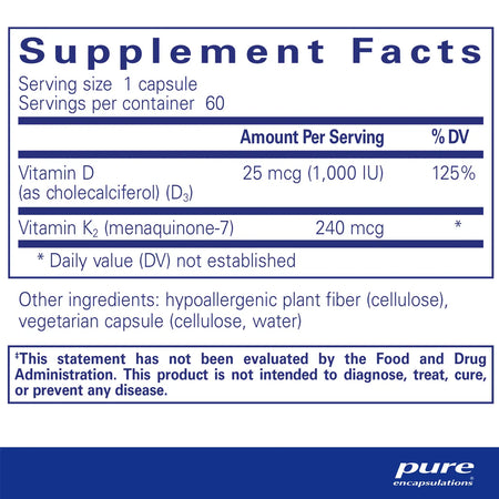 Pure Encapsulations PureHeart K2D supplements facts