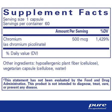 Pure Encapsulations Chromium (Picolinate) 500 mcg supplements facts
