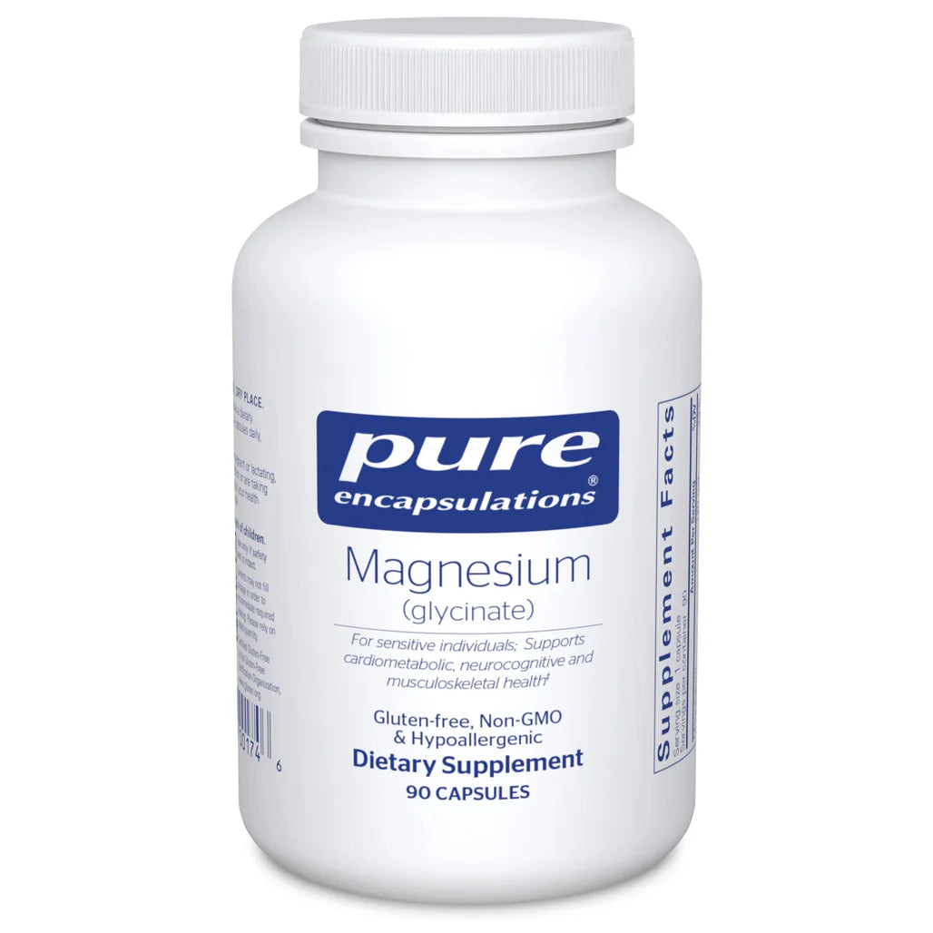 Pure Encapsulations Magnesium Glycinate supplement bottle – highly absorbable magnesium for muscle relaxation and overall wellness.