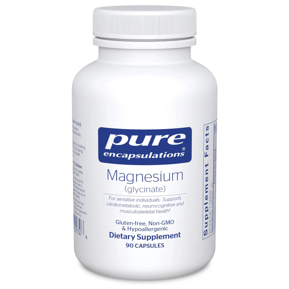 Pure Encapsulations Magnesium Glycinate supplement bottle – highly absorbable magnesium for muscle relaxation and overall wellness.