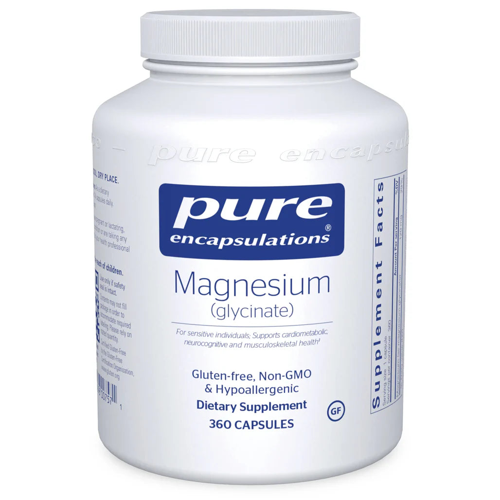 Pure Encapsulations Magnesium Glycinate bottle – gentle and highly absorbable magnesium supplement for muscle relaxation, heart health, and overall wellness support.