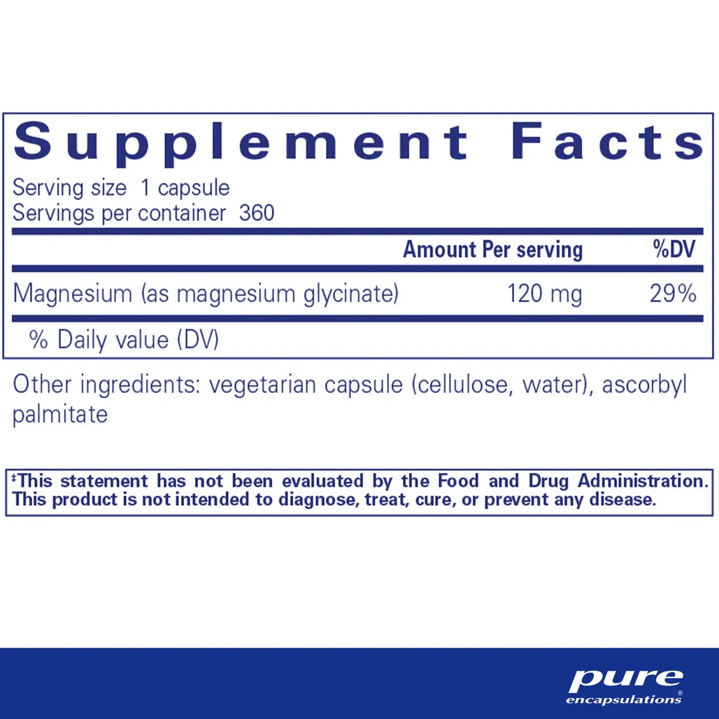 Pure Encapsulations Magnesium Glycinate ingredients panel – nutritional information highlighting elemental magnesium content, purity, and formulation details