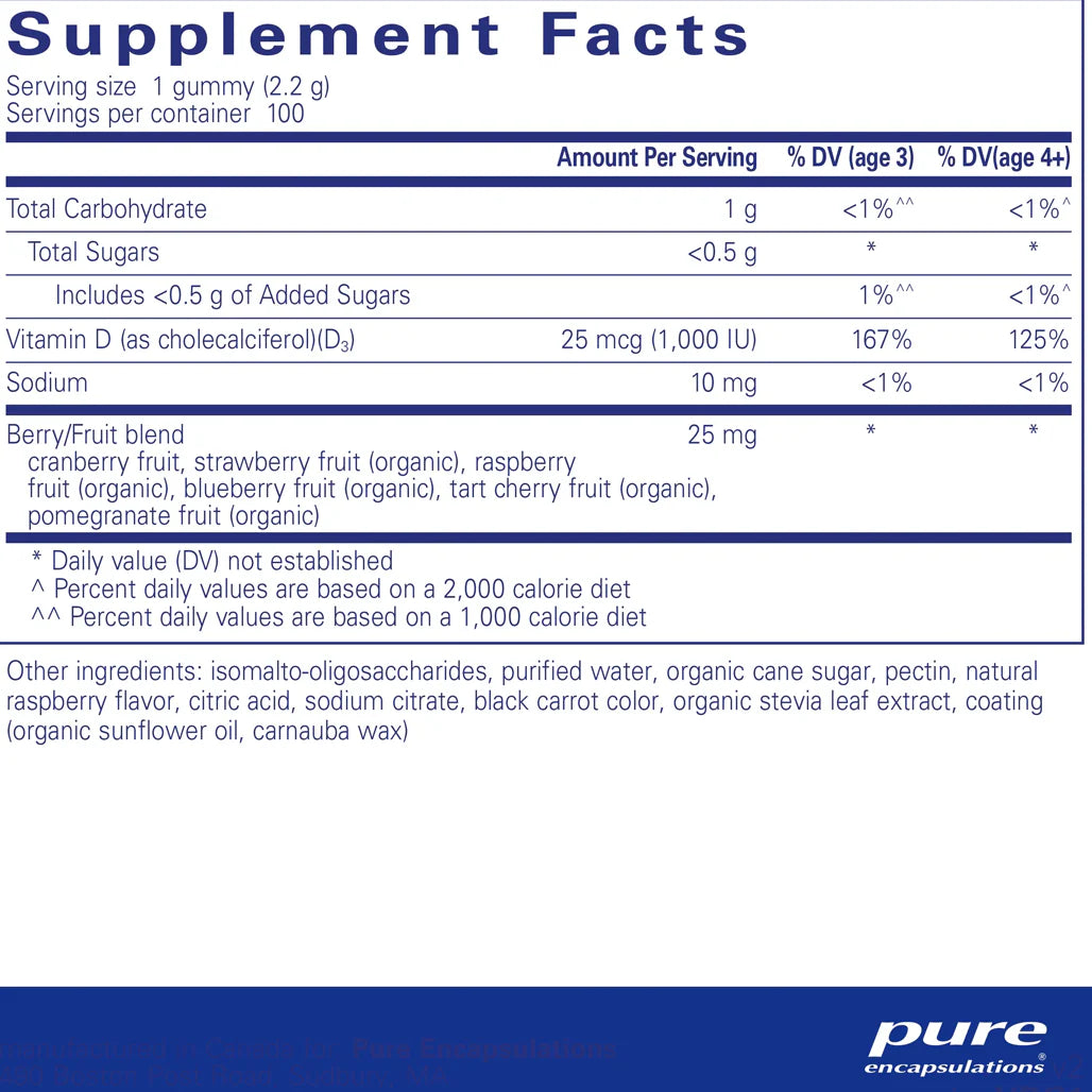 Pure Encapsulations Vitamin D gummies supplements facts