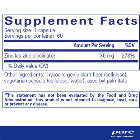 Pure Encapsulations Zinc 30 mg supplement ingredients
