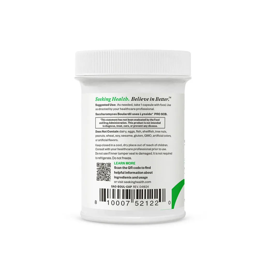 Back label of Seeking Health Saccharomyces Boulardii 60 capsules showing supplement facts, usage instructions, and allergen information.