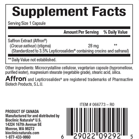 Saffron Extract 28mg by Bioclinic Naturals