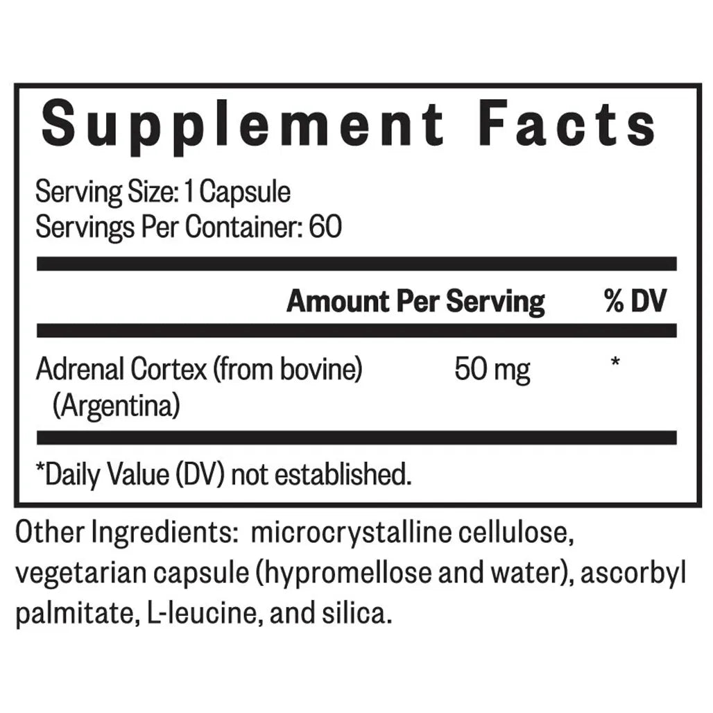 Seeking Health Adrenal Cortex ingredients panel – bovine adrenal cortex, microcrystalline cellulose, hypromellose capsule