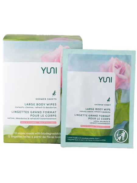 Shower Sheets, Large Body Wipes - Rose & Cucumber - 1 Box of 12 Wipes
