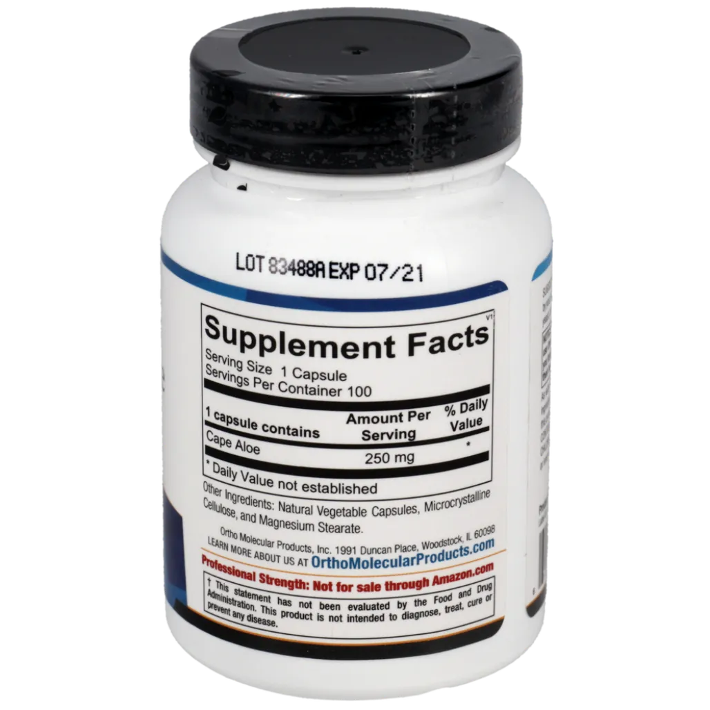 Ingredients list for Super Aloe 250 by Ortho Molecular Products with aloe extract for digestive wellness