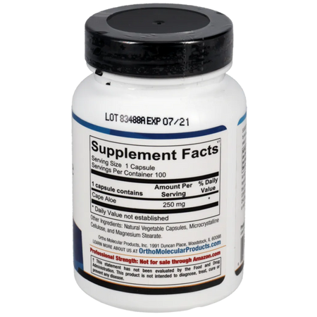 Ingredients list for Super Aloe 250 by Ortho Molecular Products with aloe extract for digestive wellness