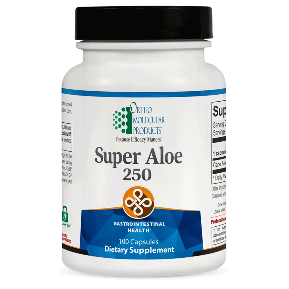 Ortho Molecular Super Aloe 250 supplement bottle for digestive comfort, soothing and GI wellness