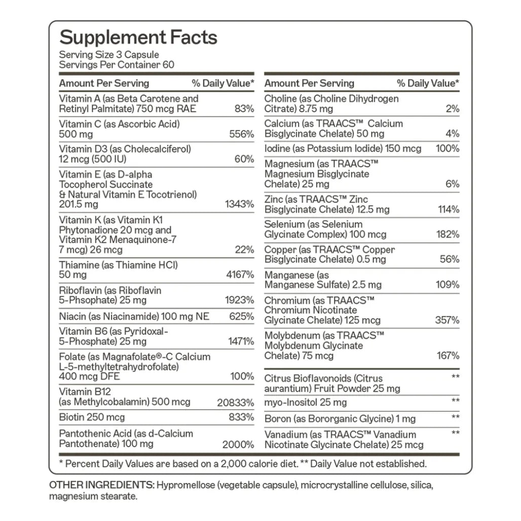 Supplement facts for The Myers Way Multivitamin showcasing bioavailable nutrients like Magnafolate® L-5-MTHF and TRAACS® chelated minerals.