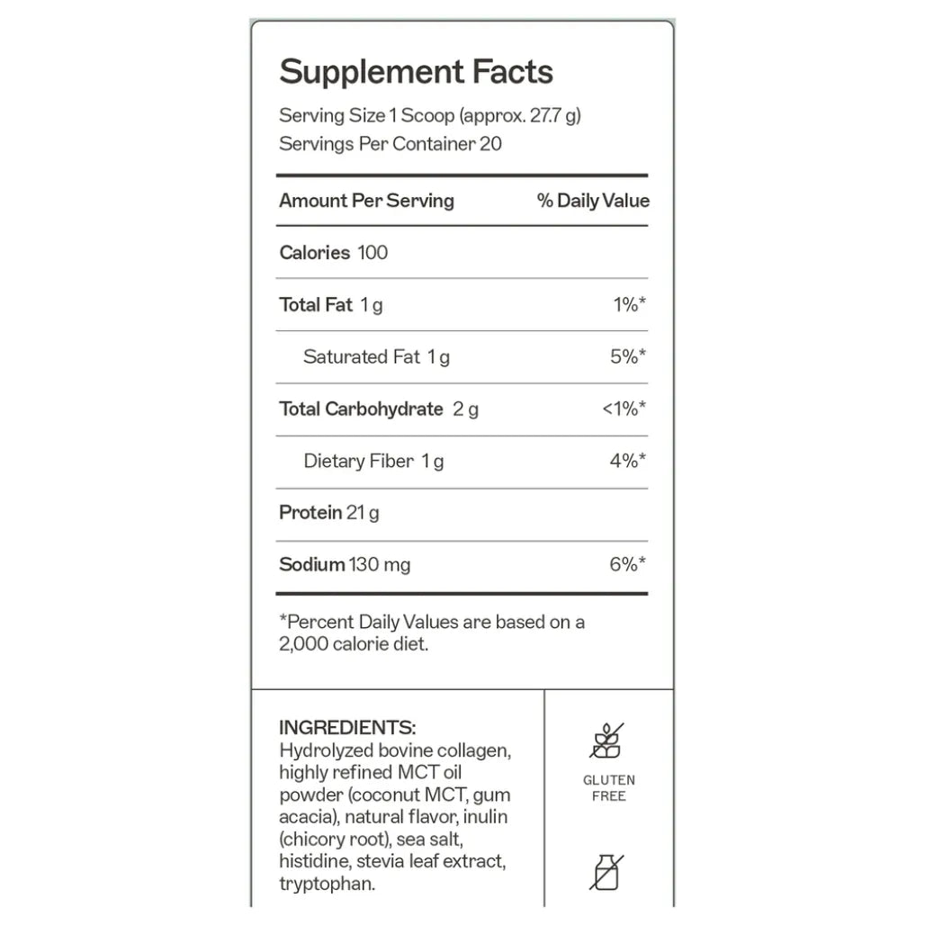Nutrition label for Salted Caramel Paleo Protein showing a full amino acid profile and 20 servings per container.