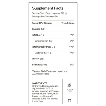 Nutrition label for Salted Caramel Paleo Protein showing a full amino acid profile and 20 servings per container.