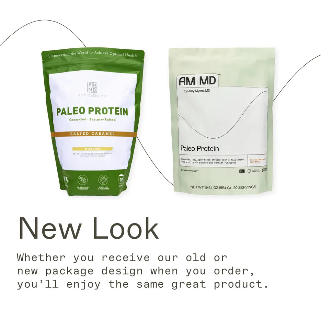 Salted Caramel Paleo Protein by Amy Myers MD, grass-fed and pasture-raised collagen protein powder for gut barrier support.