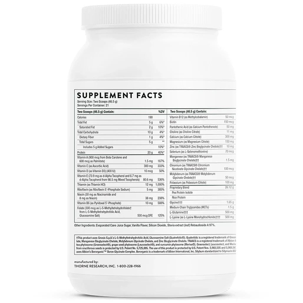 Thorne MediClear-SGS Vanilla Flavored 34.4 oz supplement facts