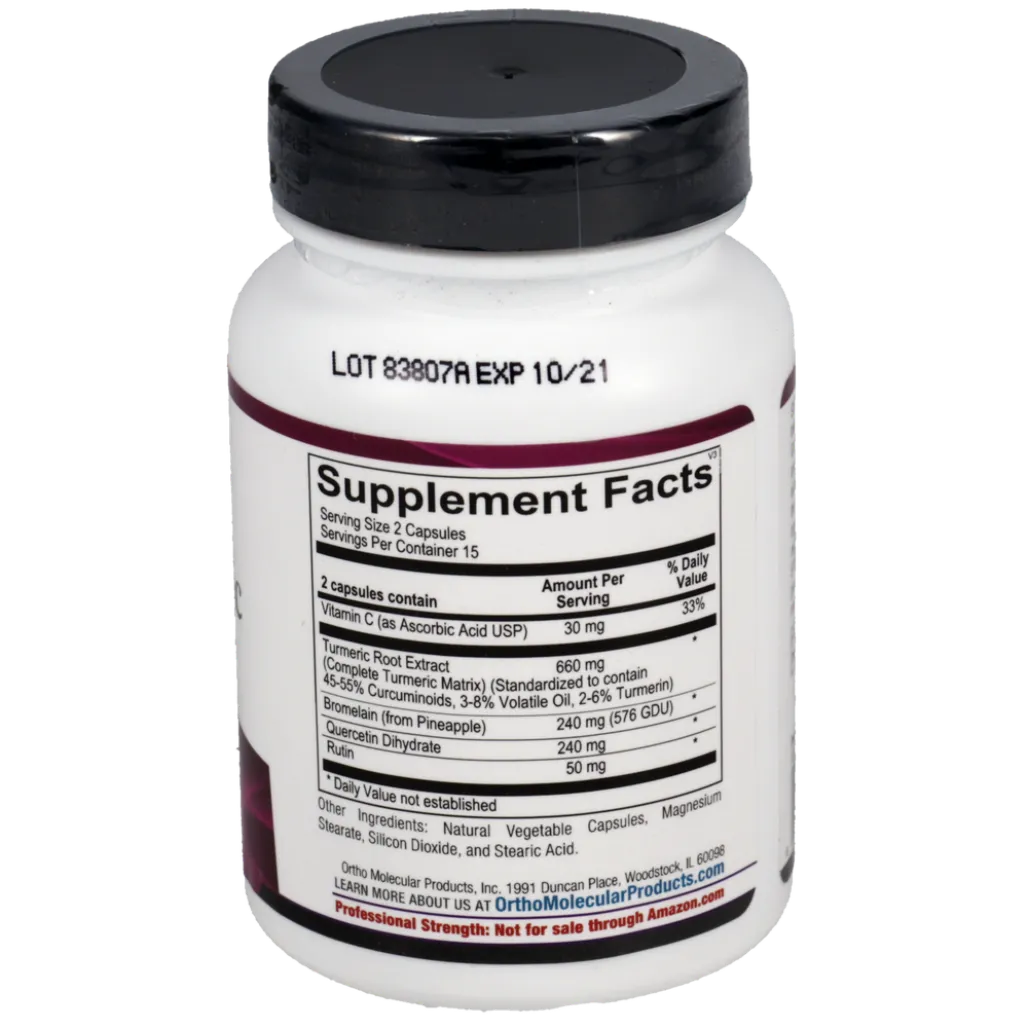 Ingredients list of Ortho Molecular Traumeric with turmeric extract, bromelain, quercetin and rutin for joint support