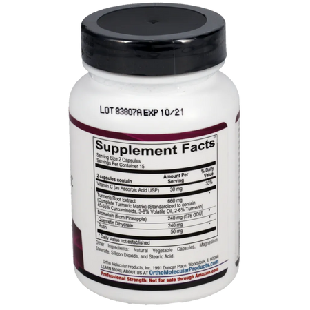Ingredients list of Ortho Molecular Traumeric with turmeric extract, bromelain, quercetin and rutin for joint support