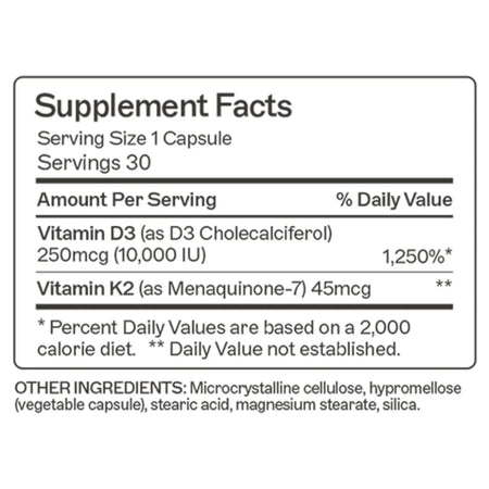 Supplement facts for Vitamin D-K2 capsules: 250mcg (10,000 IU) Vitamin D3 and 45mcg Vitamin K2 as MK7 per capsule.