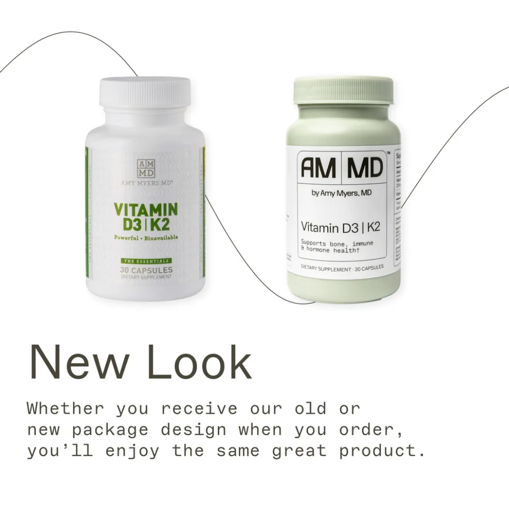 Vitamin D-K2 capsules by Amy Myers MD, a 30-capsule bottle providing 10,000 IU of Vitamin D3 and 45mcg of Vitamin K2 per serving.