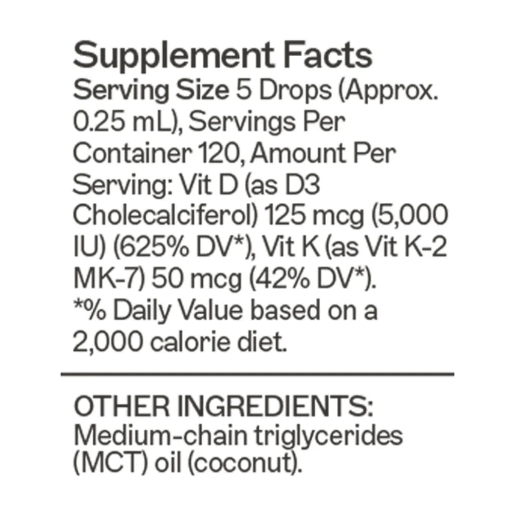 Supplement details for Amy Myers MD Vitamin D3/K2 drops, a highly bioavailable liquid formula provided in a 30 mL supply.