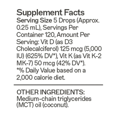 Supplement details for Amy Myers MD Vitamin D3/K2 drops, a highly bioavailable liquid formula provided in a 30 mL supply.