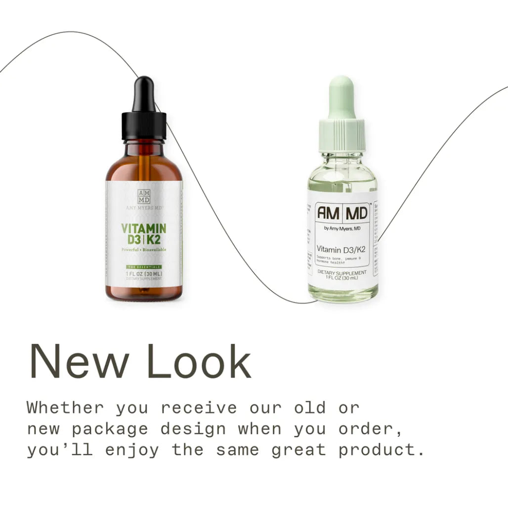 Amy Myers MD Vitamin D3/K2 liquid drops in a 1 fl oz (30 mL) glass bottle for bone and immune support.