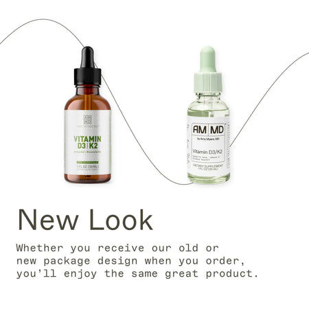 Amy Myers MD Vitamin D3/K2 liquid drops in a 1 fl oz (30 mL) glass bottle for bone and immune support.