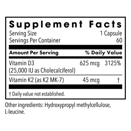 Vitamin D-3 25000 IU w/ K2 MK-7 Metabolic Maintenance