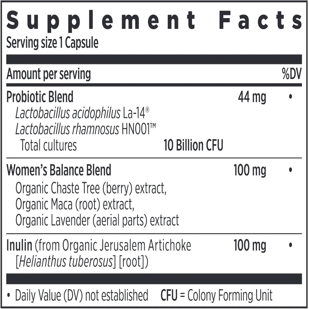Ingredients of Women's Daily Probiotic dietary supplement - organic chaste tree, organic maca