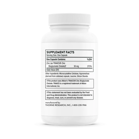 Thorne Zinc Bisglycinate 30 mg 60 caps supplement facts