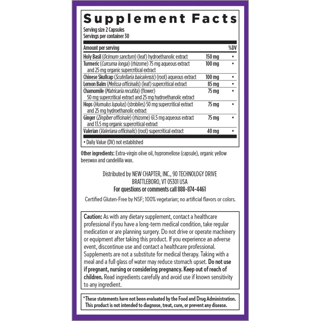Ingredients of Zyflamend Nighttime dietary supplement - holy basil, turmeric, lemon balm
