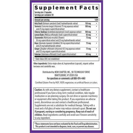 Ingredients of Zyflamend Nighttime dietary supplement - holy basil, turmeric, lemon balm