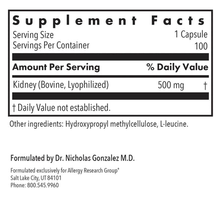 Allergy Research Group Kidney Beef 100 Vegicaps supplement facts ingredients label showing lyophilized bovine kidney, hydroxypropyl methylcellulose, L‑leucine nutrition panel