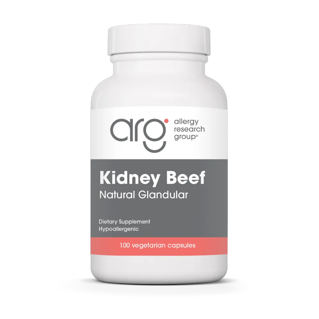 Allergy Research Group Kidney Beef supplement bottle with 100 vegetarian capsules for kidney support and detoxification