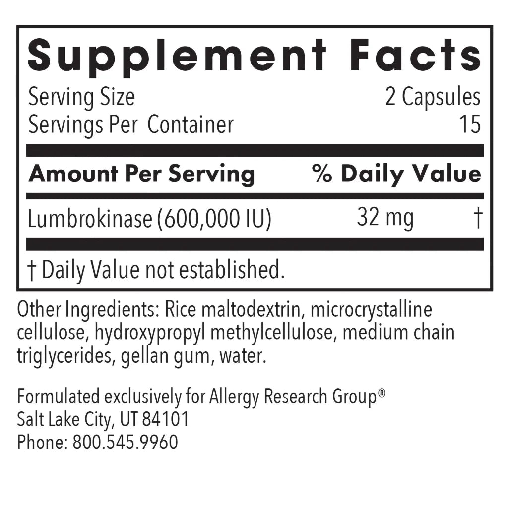 Lumbrokinase ingredient panel showing Lumbrokinase enzyme and other components for circulatory support