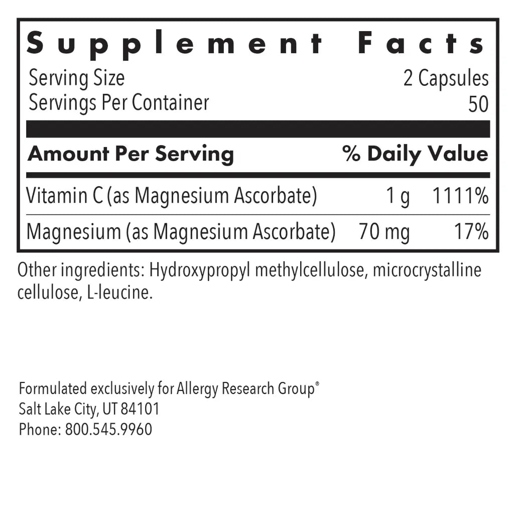 Magnesium Ascorbate ingredient panel with buffered vitamin C and magnesium from magnesium ascorbate supplement facts