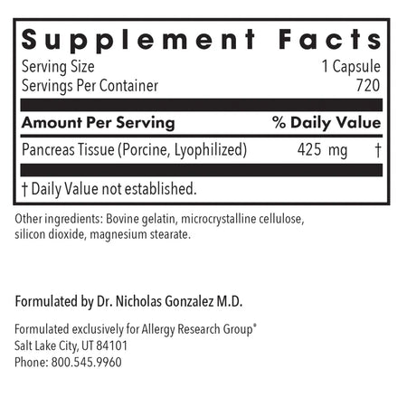 Allergy Research Group Pancreas Pork - 720 Vegcaps