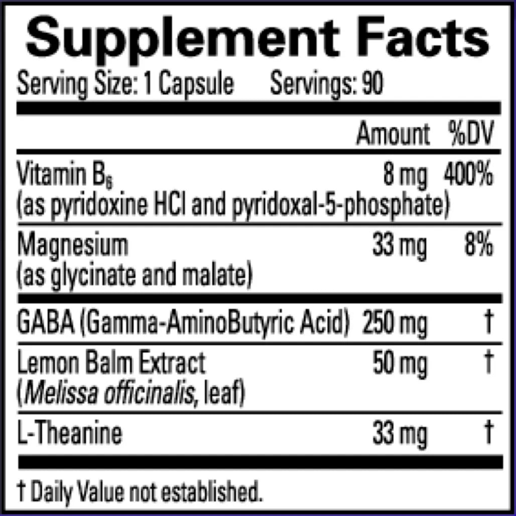 BrainMD GABA Calming Support Nutrition Facts Label Showing GABA 250 mg Lemon Balm Extract L-Theanine Magnesium and Vitamin B6 Ingredients