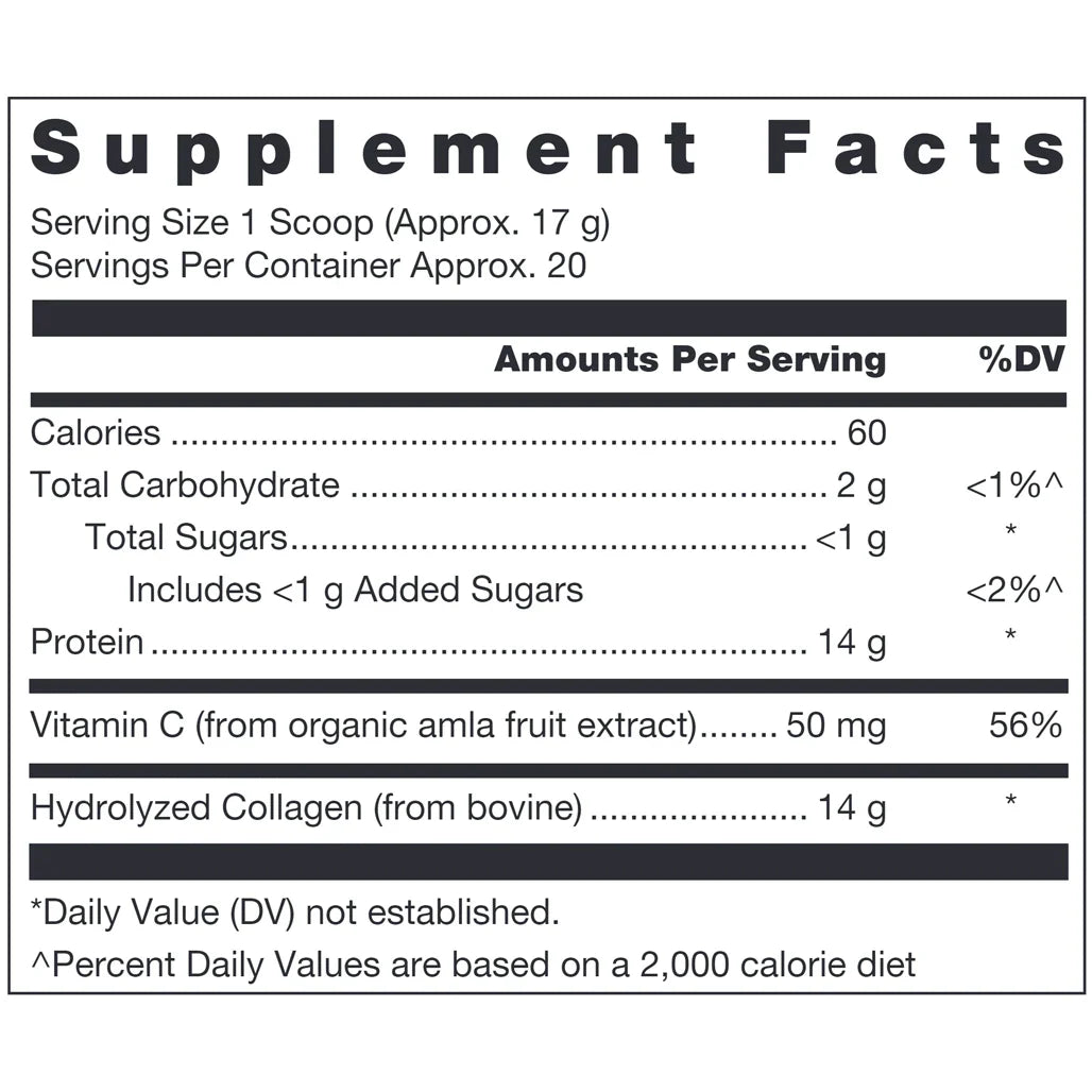 Collagen C Supplement Facts Label Showing Hydrolyzed Collagen Peptides Vitamin C and Ingredient Details