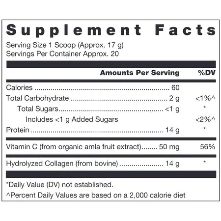 Collagen C Supplement Facts Label Showing Hydrolyzed Collagen Peptides Vitamin C and Ingredient Details
