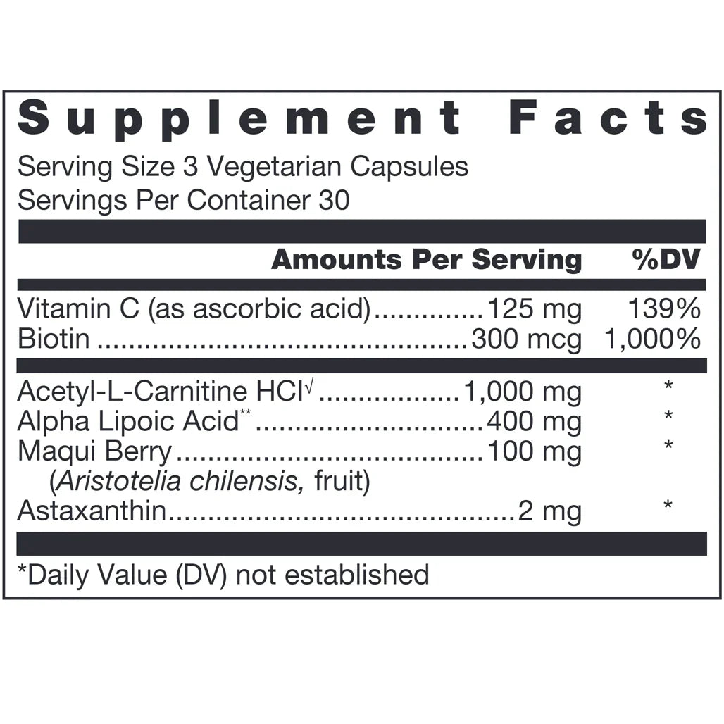 Klean Antioxidant Nutrition Facts Label Showing Vitamin C Biotin Acetyl L Carnitine Alpha Lipoic Acid Maqui Berry Astaxanthin