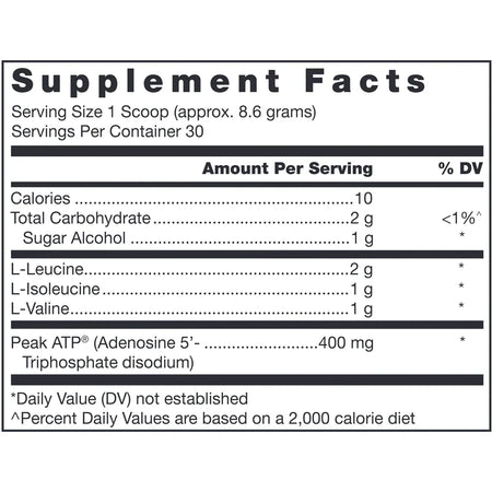 Klean BCAA Peak ATP Nutrition Facts Label Showing Branched Chain Amino Acids and ATP Supplement Ingredients