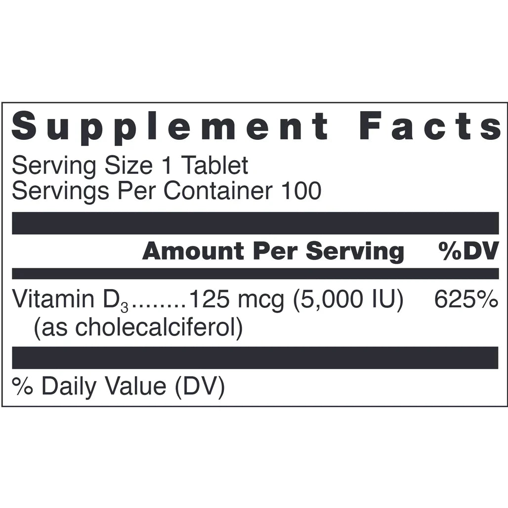 Klean D 5000 IU Nutrition Facts Label Showing Vitamin D3 Cholecalciferol 125mcg 5000 IU Ingredient Details